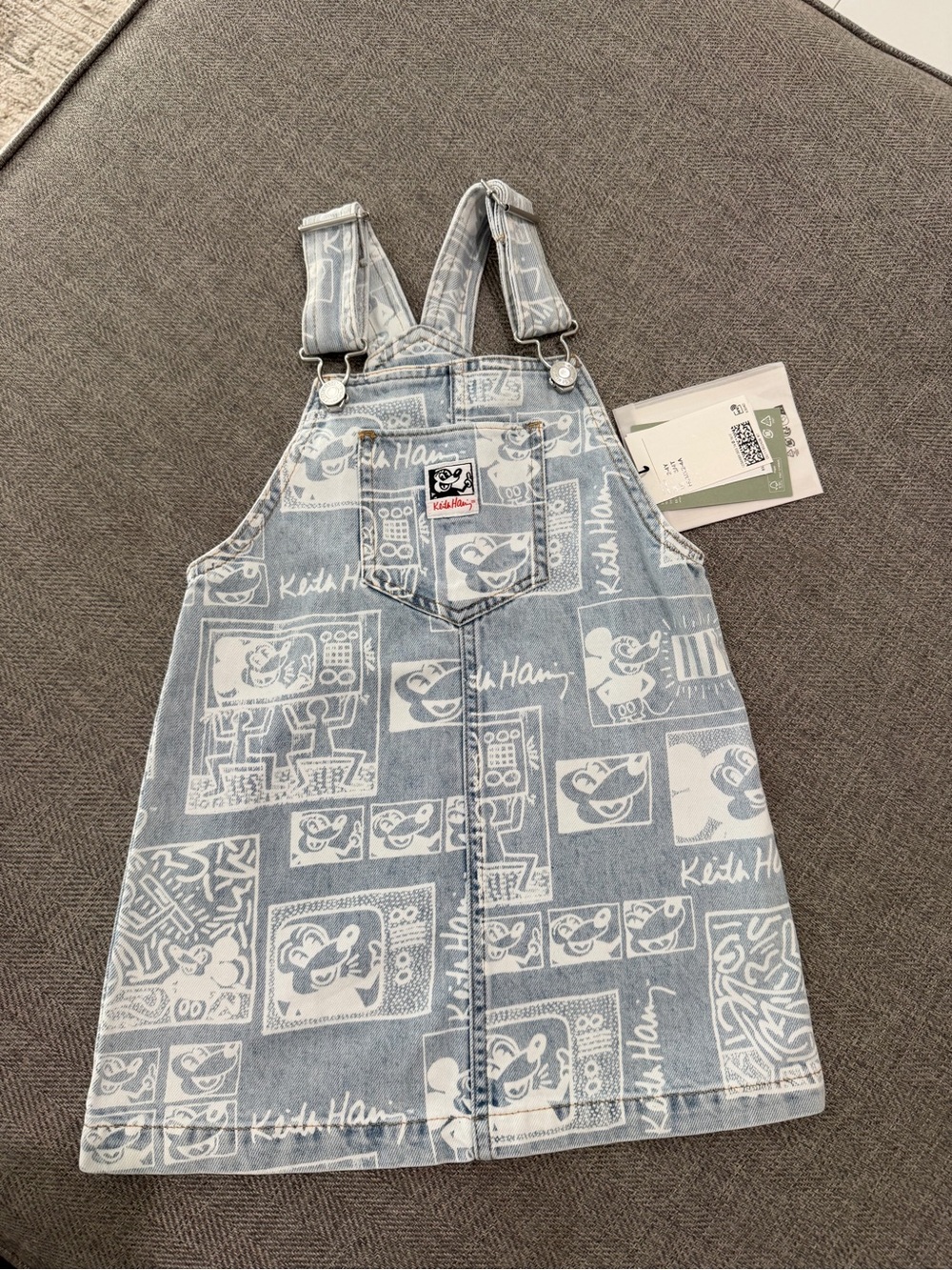 H&M Light Blue Denim Overall Dress with White Graphic Panels